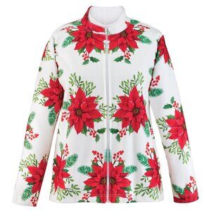 New XXL White Versatile Fleece Christmas Holiday Poinsettia Zipper Front Jacket